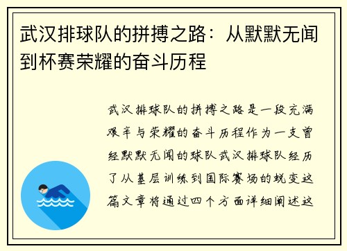 武汉排球队的拼搏之路：从默默无闻到杯赛荣耀的奋斗历程